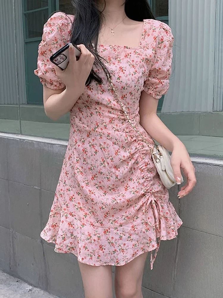 

Korean Summer Fairy Floral Dress Sweet Women Square Neck Puff Sleeve Sexy Print High Waist Mini Dress Cute Girl Strawberry Dress
