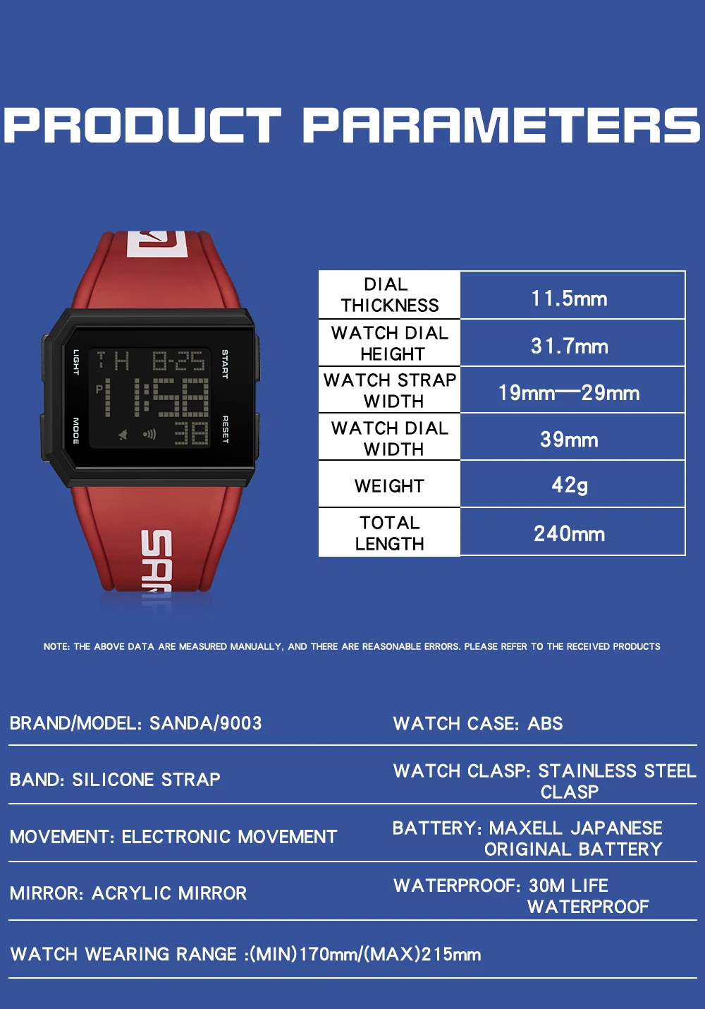 SANDA Fashion Military Men's Watches 50M Waterproof Sports Watch for Male LED Electronic Wristwatches Relogio Masculino 9003