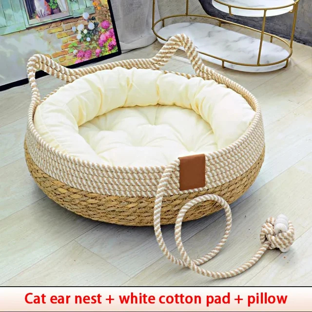 Lit tissé quatre saisons pour chat, rembourrage amovible, maison de couchage, sol à gratter, en rotin, résistant à l'usure, lavable, fournitures pour animaux de compagnie 1