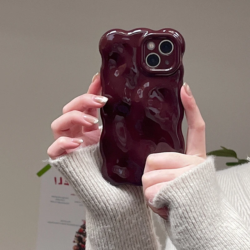 3D-Blasenwellenmuster-Telefonhülle für iPhone 17, 16, 15, 14, 13, 12, 11 Pro Max, 14 Pro Max, Weinfarbe, weiche, stoßfeste Rückseite – Detail 1