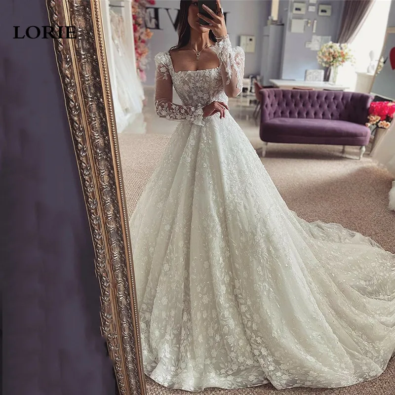 

LORIE Princess Wedding Dresses Long Sleeve Shiny Lace Square Neck Bride Dress 3D Flowers Wedding Gowns 2023