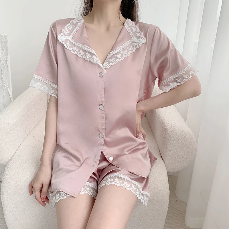 Superior silky pajamas Summer pajamas Women's ice and snow silk thin short sleeved cardigan lace sexy sweet home clothes suit