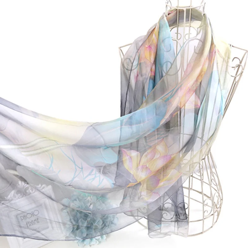 

Women Silk Scarf Shawl Female Printing Silk Long Scarves Wraps Soft Shawls Beach Long Cover-ups Sunscreen Hijab