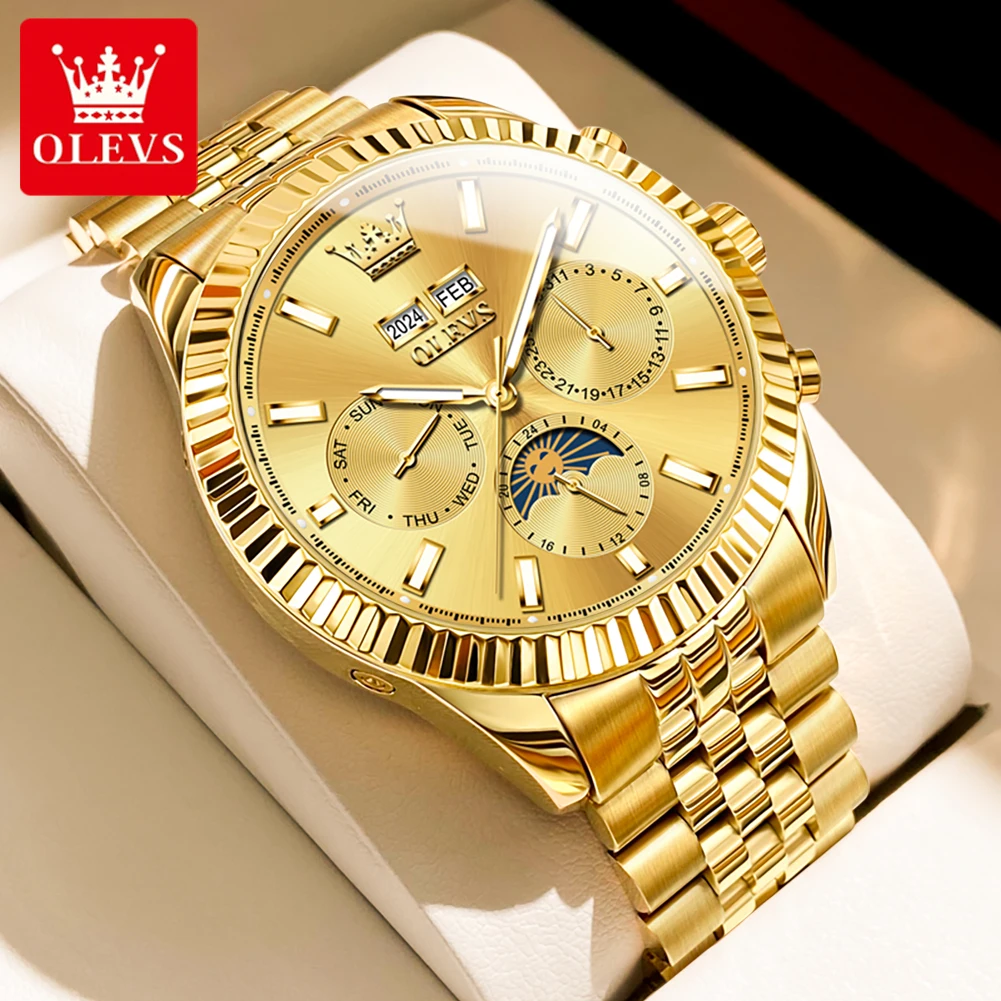 OLEVS Brand Luxury Gold Mechanical Watch for Men Stainless Steel Strap Waterproof Luminous Fashion Moon Phase Mens Watches