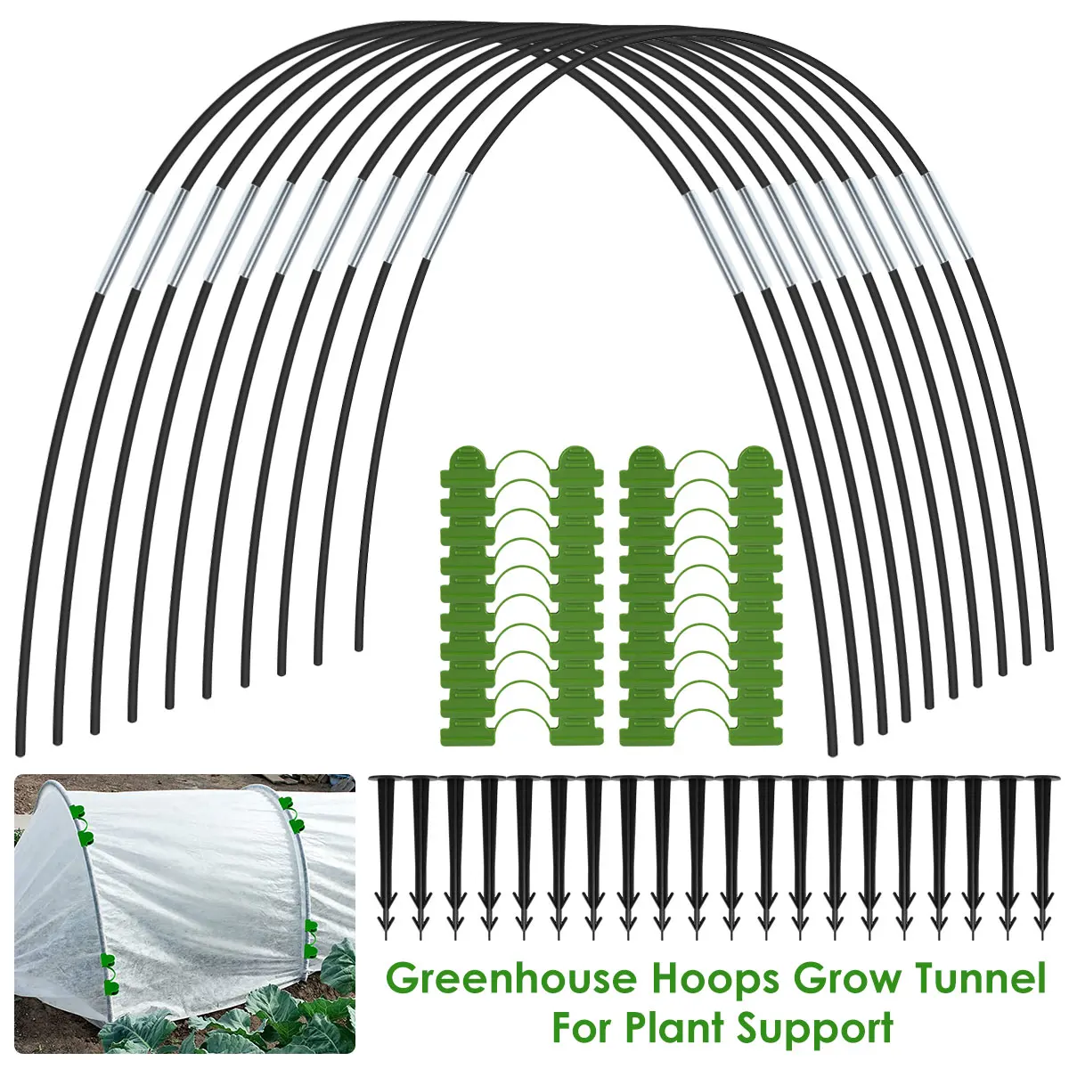 Greenhouse Hoops Grow Tunnel Garden Hoops Kit w/ Spikes Clips