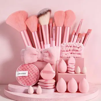 Set di 33 Pennelli da Trucco Professionali Morbidi per Fondotinta e Contouring con Fascia per Capelli e Polsiera da Spa, Strumenti per il Trucco Femminile
