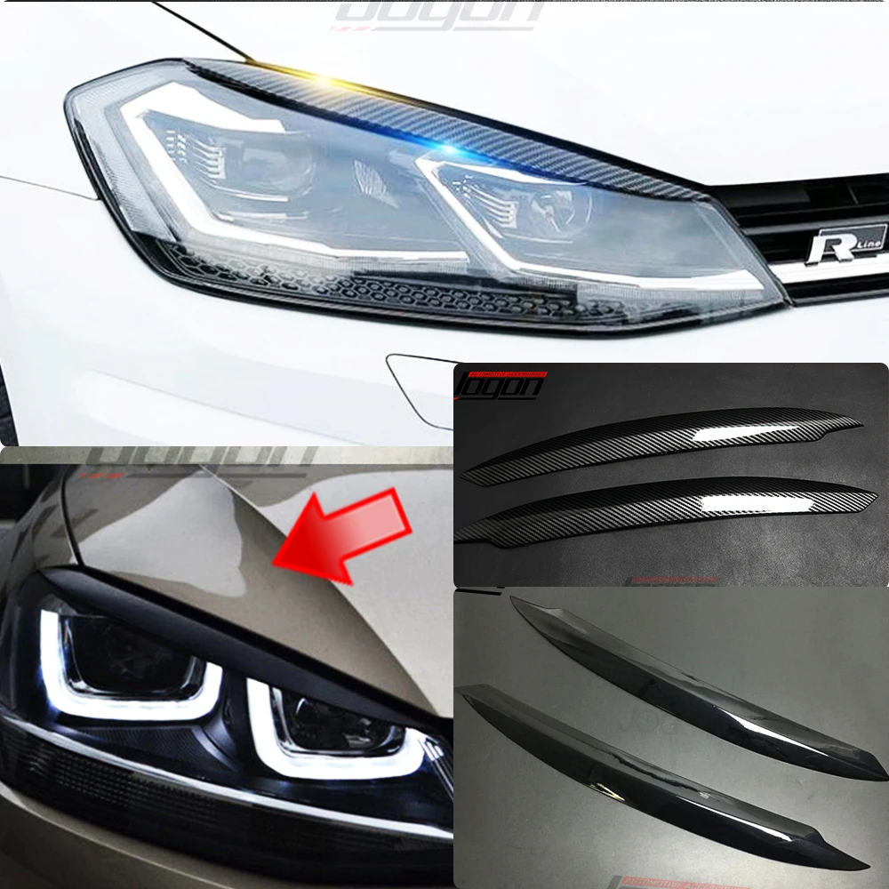 2PCS For VW Golf 7 VII GTI GTD GTE R MK7 2013-Carbon Look &Glossy Black Color Car Front Headlight Eyebrow Eyelid Cover Trim headlight eyebrows eyelid