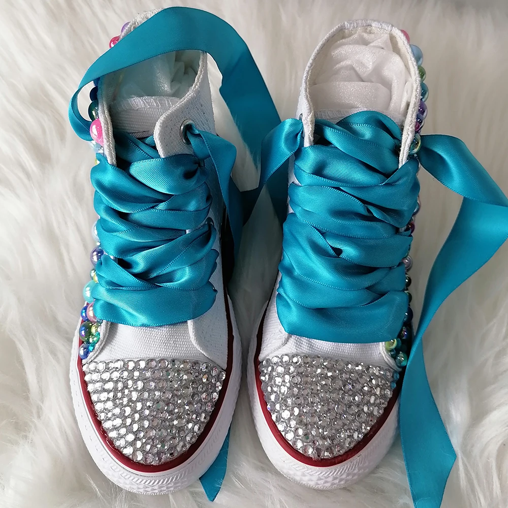 Handmade Rhinestones Bling Girls Womens Kids And Mother Candy Canvas Shoes Pearls Sneakers For Girl Birthday Party Wedding 3