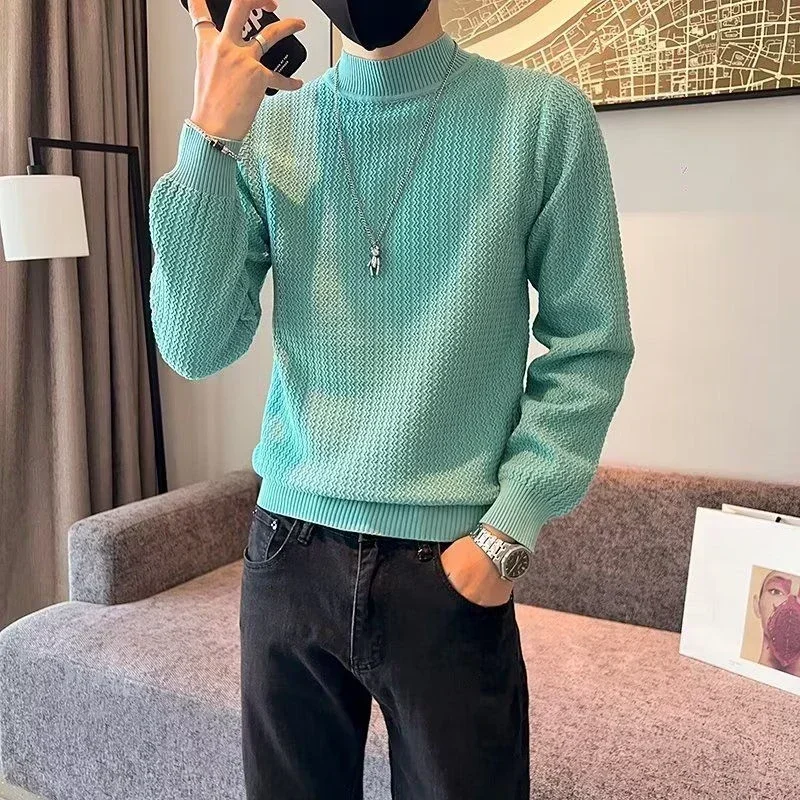 

Knitted Sweaters for Men Half Collar Plain Man Clothes Solid Color Green Turtleneck Pullovers Jumpers Winter 2023 Trend Baggy X