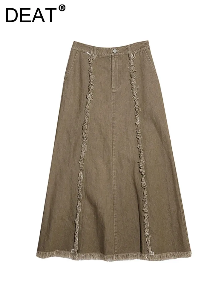 

DEAT Women's Denim Skirt High Waist Solid Color Burrs Tassel Loose Khaki Patchwork Long Skirts 2023 Autumn New Fashion 29L2938