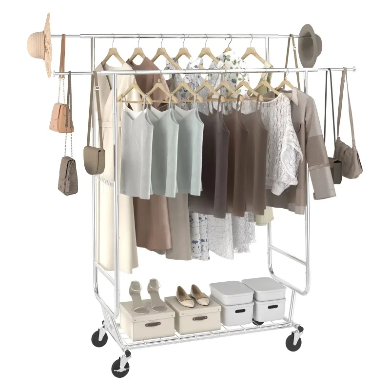 

BENTISM Clothes Rack 600 lbs Commercial Grade Heavy Duty Clothing Garment Rack with Shelves Adjustable Collapsible Clothing