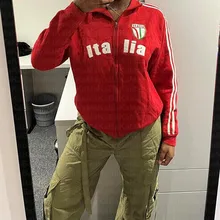  Y2K Aesthetic Vintage Red Sweatshirts Letter Embroidery Graphic Pattern Zip Up Hoodies 2000s Retro Grunge Goth Jacket Coat 