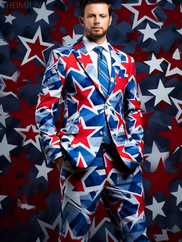 American Flag Men's Suit Set Adult Cow Graffiti Print Wedding Party Cosplay Fashion Evening Dress Costume Stage Gentleman Slim