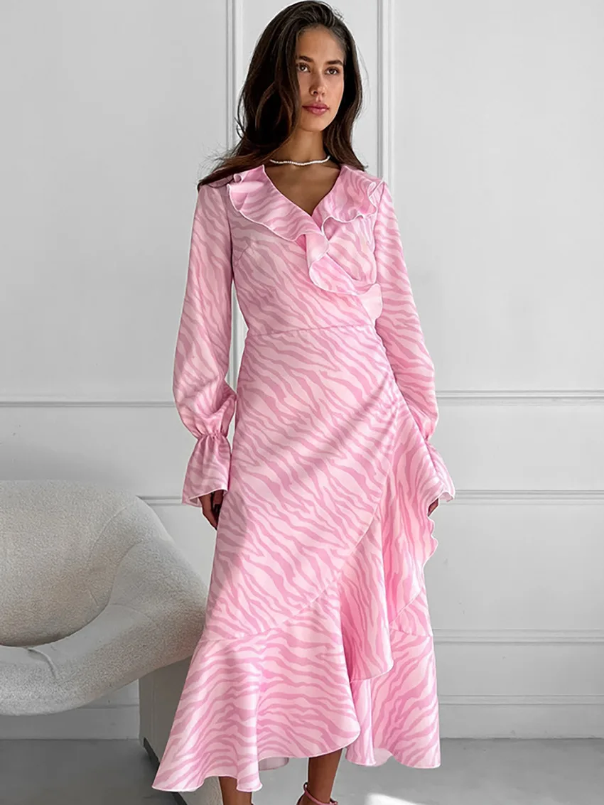 Pink Printed Ruffled Long Dress Women's Lace-Up Long Sleeve Elegant Contrast Patchwork Party Dress Female Bandage Dress