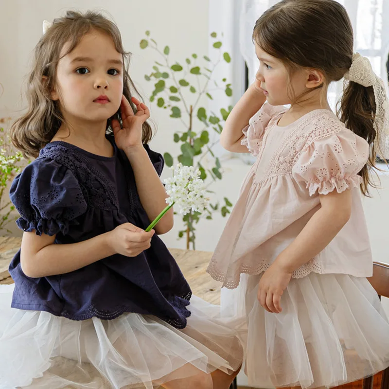 

Blouses Summer Korea Girls Children Clothing Sweet Lovely Cotton Puff Sleeve Short Sleeved Shirt 2024 Simple Fashion