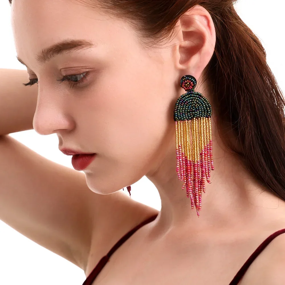 

Boho Glass Beads Long Tassel Earrings for Women Bohemian Retro Ethnic Exaggerated Handmade Jewelry Gift