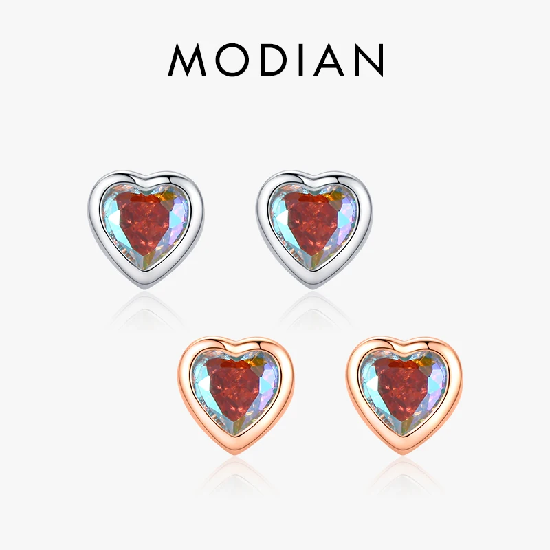 Modian  간단한 작은 하트 다색 지르코니아 매력 스터드 귀걸이 여성을위한 클래식 로즈 골드 컬러 쥬얼리