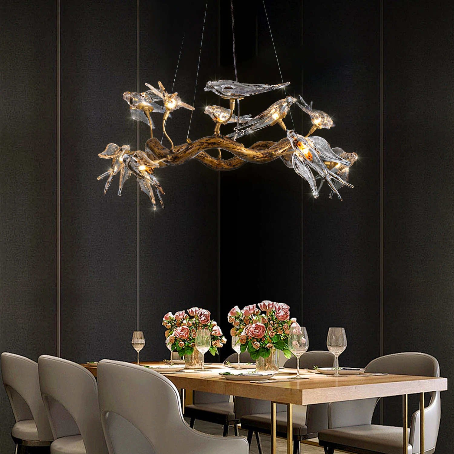Vintage Round Glass Bird Ceiling Chandelier Swallow Long Dining Table Living Room Luxury Branch Pendant Chandelier Lamp Designer Led Chandelier Ceiling Chandelier Led Pendant Light