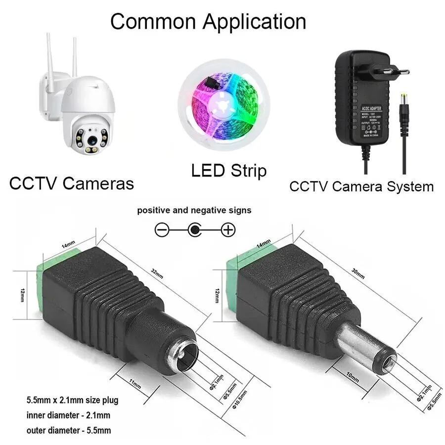 16 Adattatori DC Femmina E Maschio 5,5x2,1 Mm Per Telecamere CCTV E Strisce LED: Kit Connettori Senza Saldatura, Alimentazione 12V, Fai Da Te.