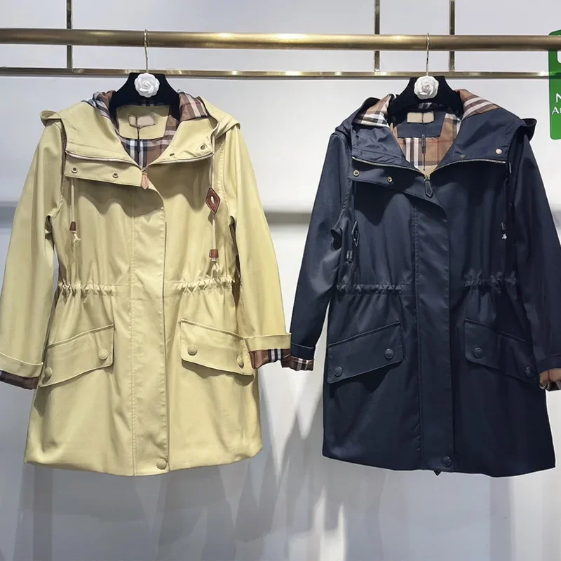 Женский Тренч с капюшоном в стиле ретро, осенне-зимнее однотонное пальто средней длины со съемной талией