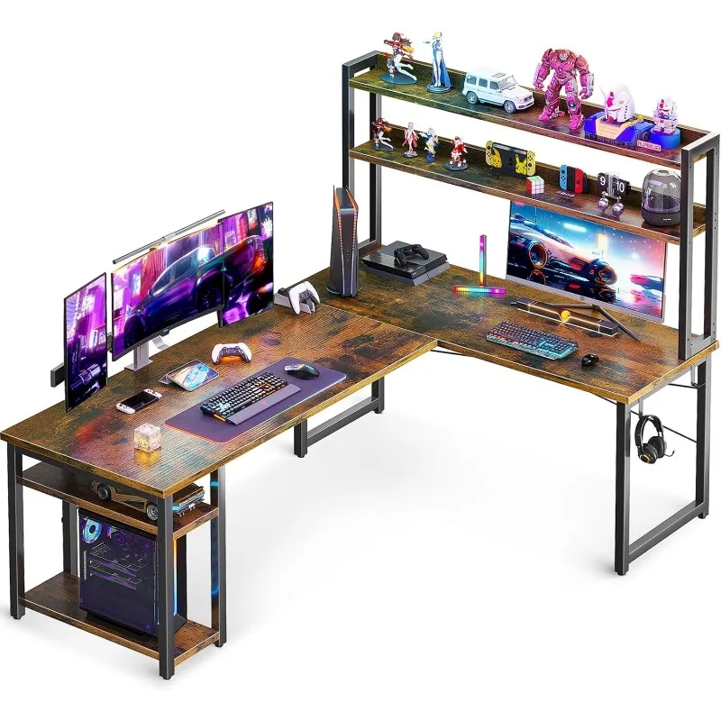 

L Shaped Gaming Desk with Hutch, Computer Desk with Storage Shelves, 66" L Shaped Desk for Home Office,