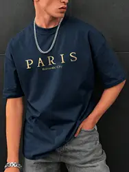 Paris Romantic Graphic Print Oversized Cotton T-Shirt - XXXL (Dark Blue)