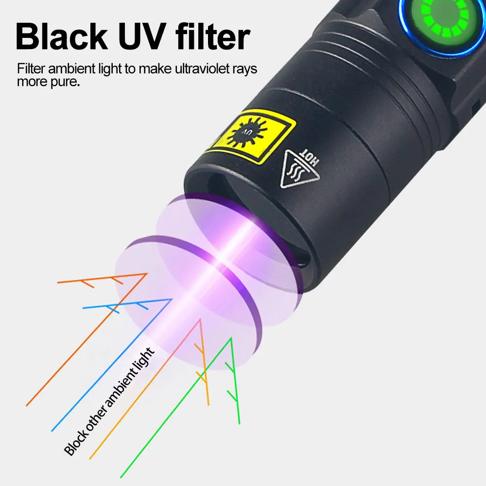 미니 365nm 395NM UV 손전등 자외선 블랙 라이트 USB 충전식 보라색 Linternas 카펫 애완 동물 소변 감지기 캐치 전갈