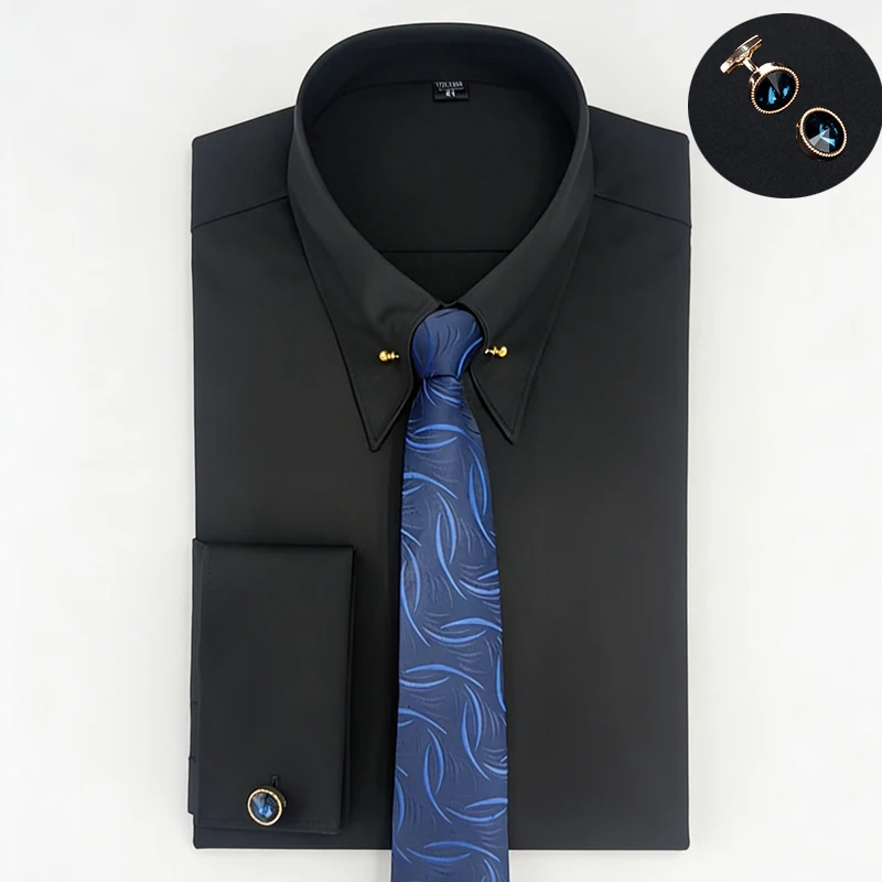 Empire collar French cuff men's long-sleeved shirt with collar pin ...