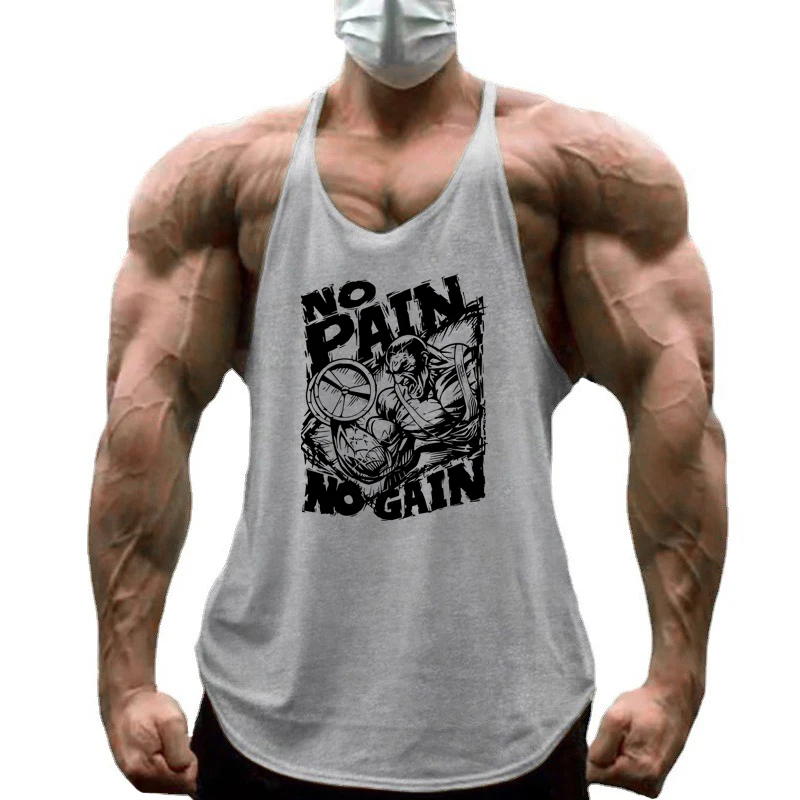 Men's Casual Fashion NO PAIN NO GAIN Print Bodybuilding Tank Tops Gym Fitness Cotton Breathable Y-back Summer Sleeveless Shirt