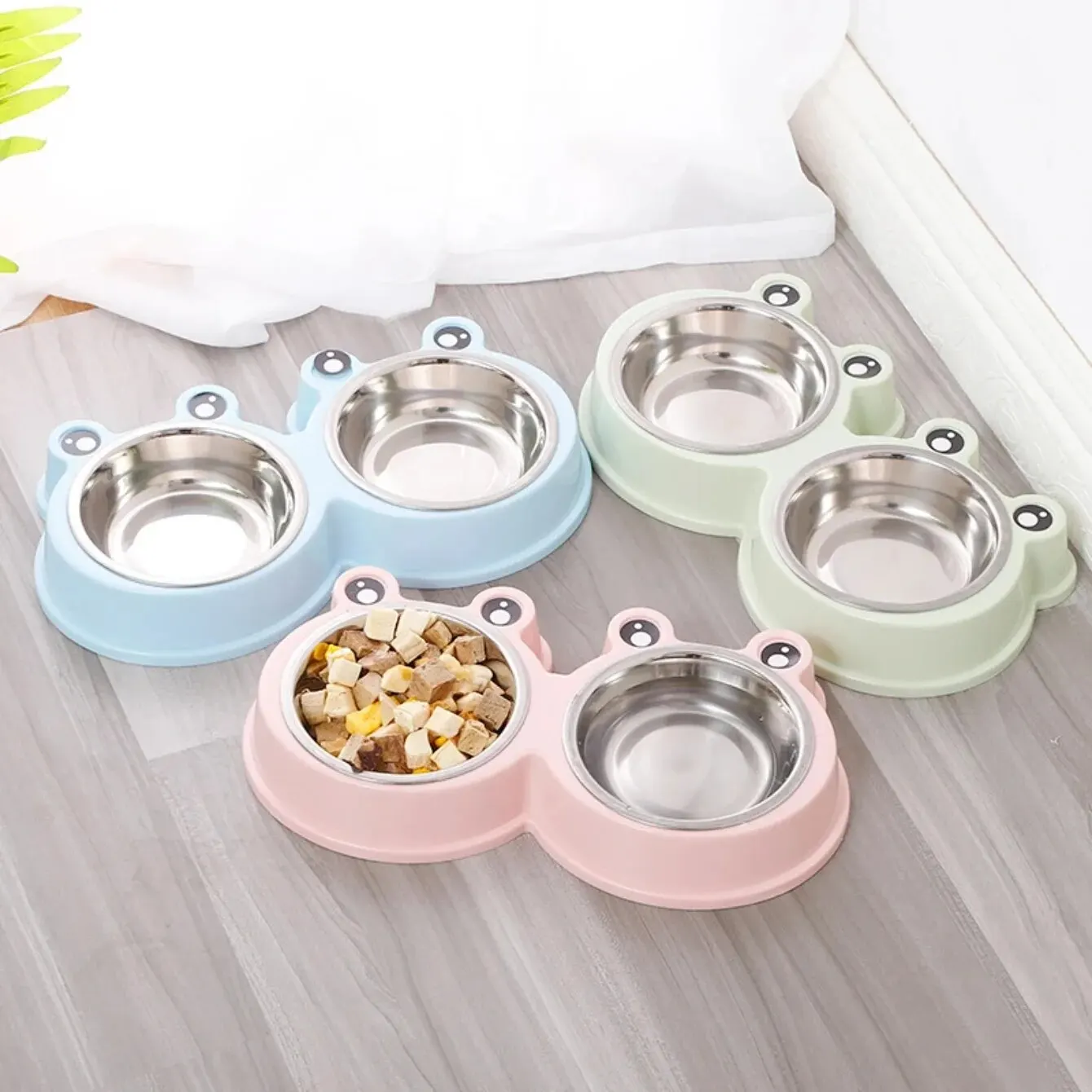 Dog Food Feeder Pet Dog Food Feeder Double Bowl Stainless Steel Rounded Cute Cartoon Frog Style Thickened Combo Anti-skid