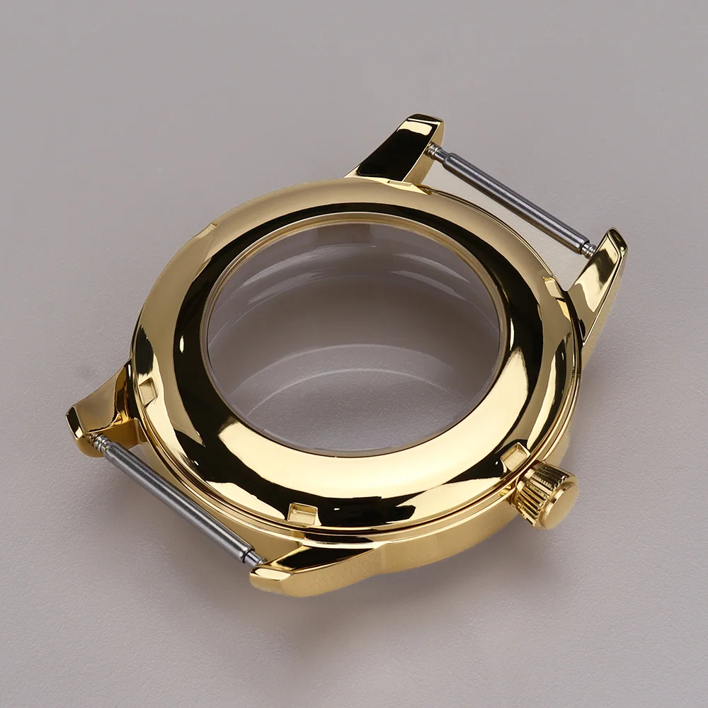 Elegant Stainless Steel Watch Case with Arched Glass and Transparent Back - Available in Silver, Gold, and Rose Gold Finishes