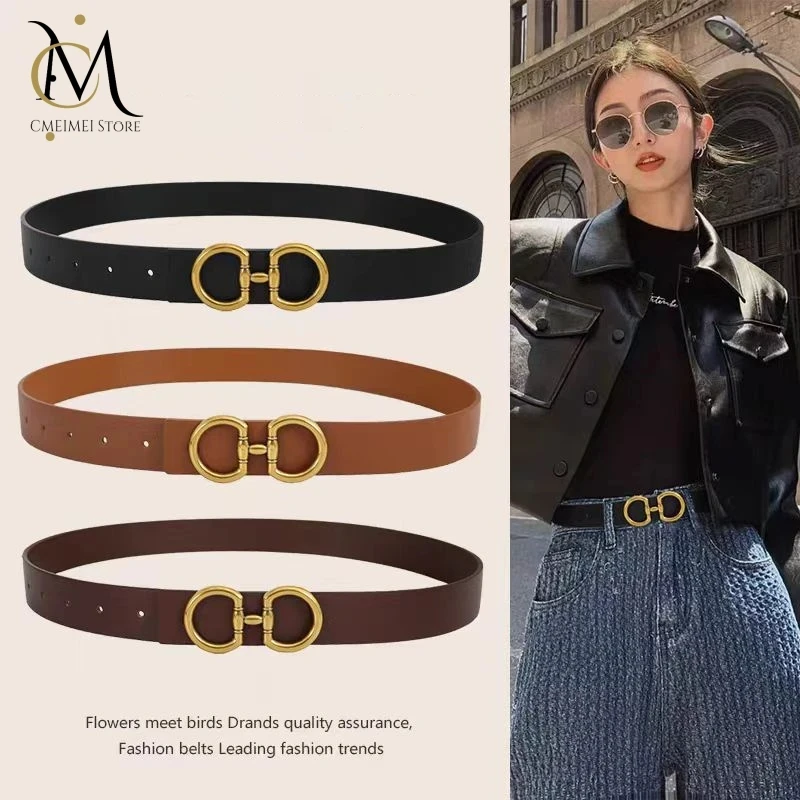 Double Ring Buckle Women Reversible Genuine Leather Belts for Jeans Pants Fashion Ladies Belt with Gold Buckle