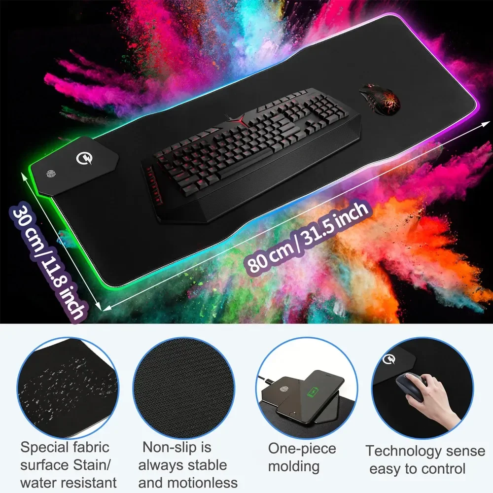Mouse Pad de Carregamento sem Fio Gamer Mousepad Tapete de Mesa Antiderrapante Almofada Led Oversized Brilhante Rgb Fit For Computer Laptop Teclado 15w - Imagem 3