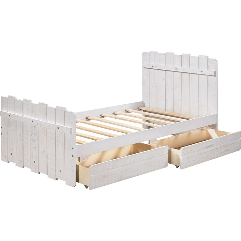 Twin Size Platform Bed with Drawers, Vintage Fence-shaped Headboard and Footboard, Rustic Style, White
