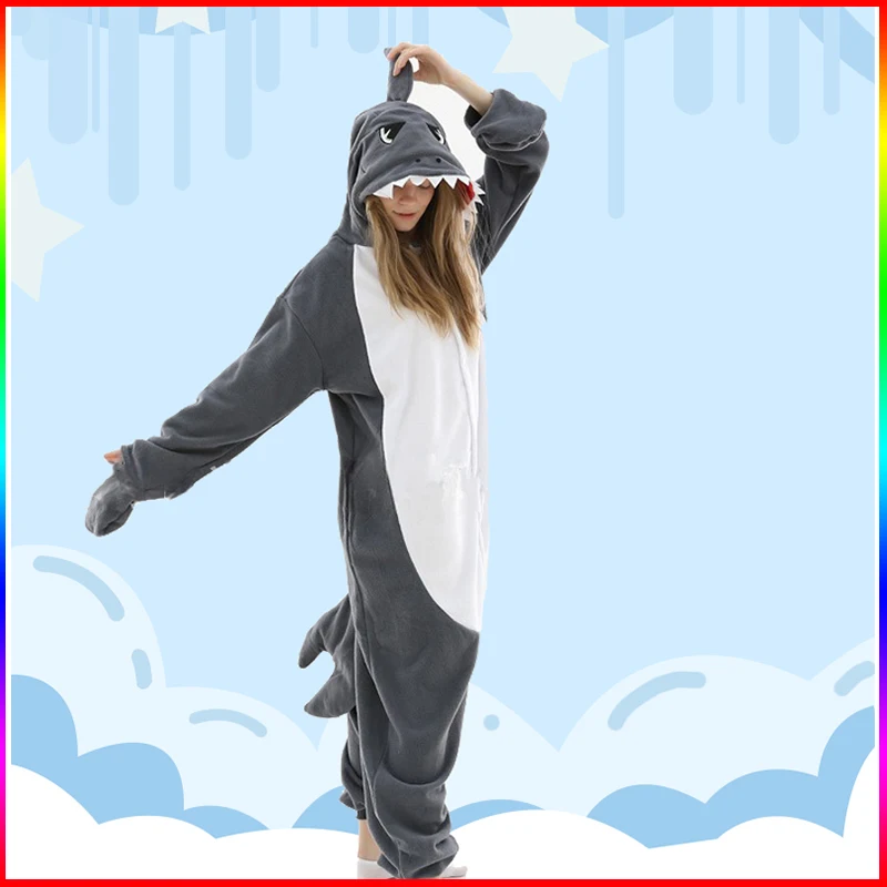 

New Couple Long Sleeve Cartoon One Piece Nightwear Grey Shark Shake Fleece Home Couple Performance Dress Hooded Cosplay Costume