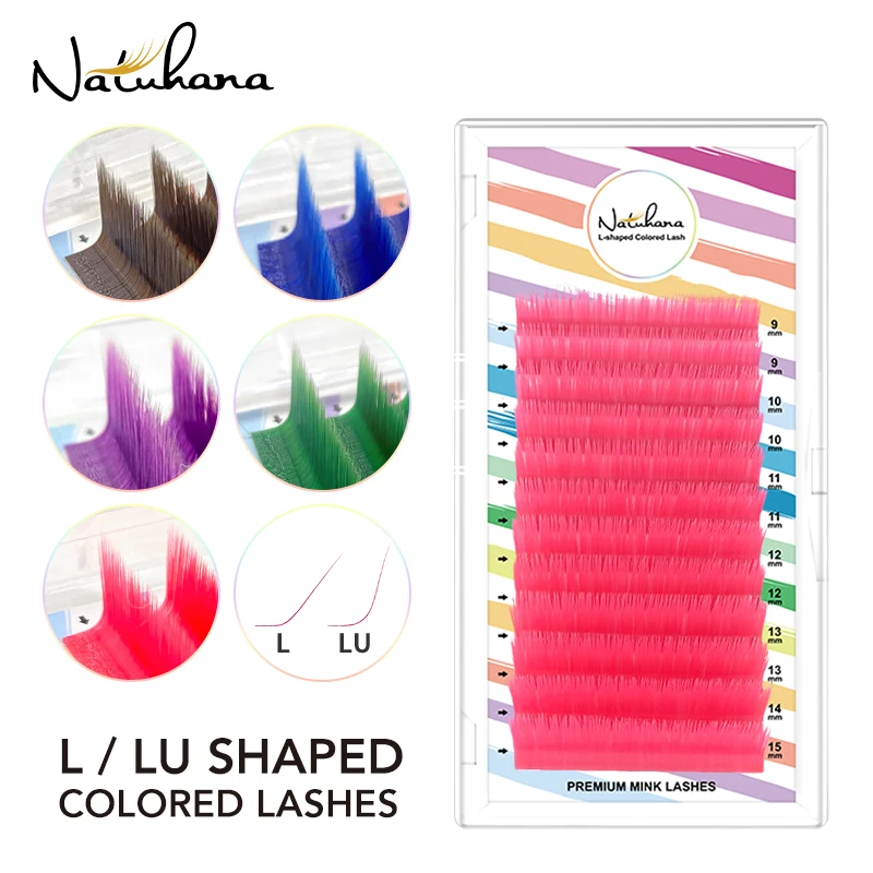 Natuhana l/lu (m) fãs de automóvel curl cílios coloridos fácil ventilador cor cílios extensão em forma de l individual vison cílios maquiagem