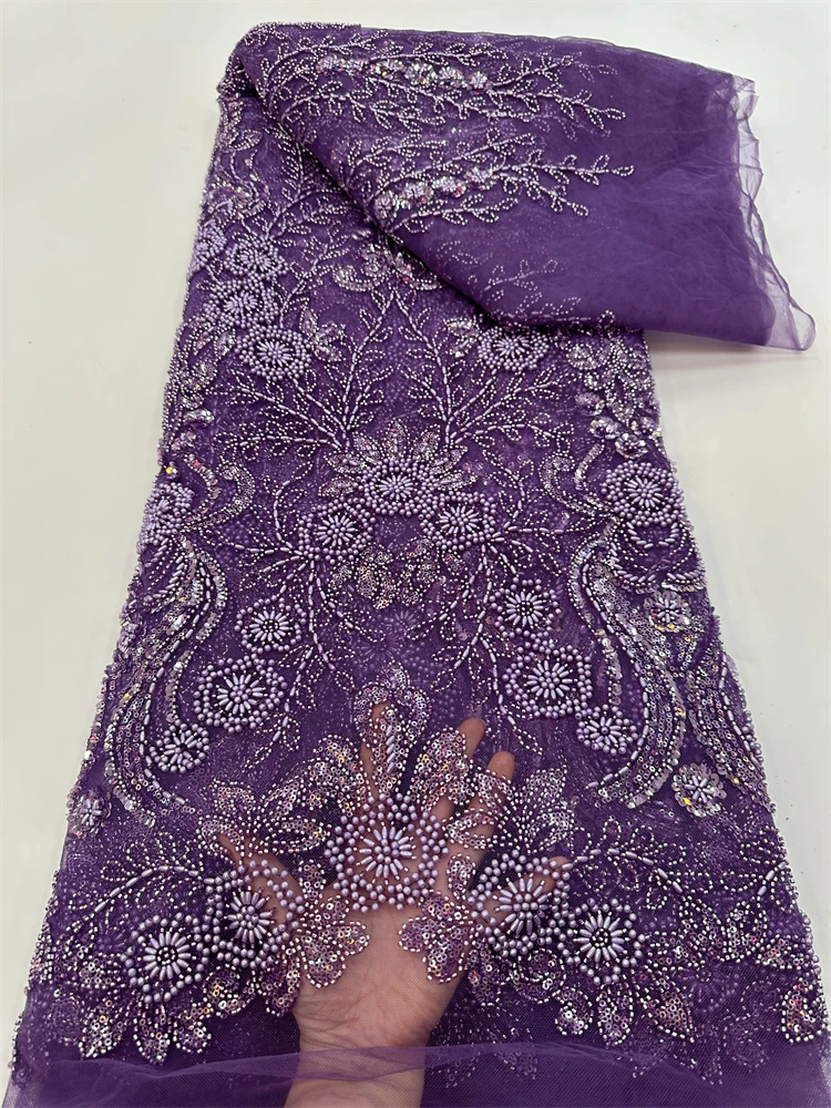 

2023 High Quality African Lace Fabric Sequins Mesh Lace Luxury Tube Beads 3d Embroidered Tulle Lace Fabric For Sewing Rf