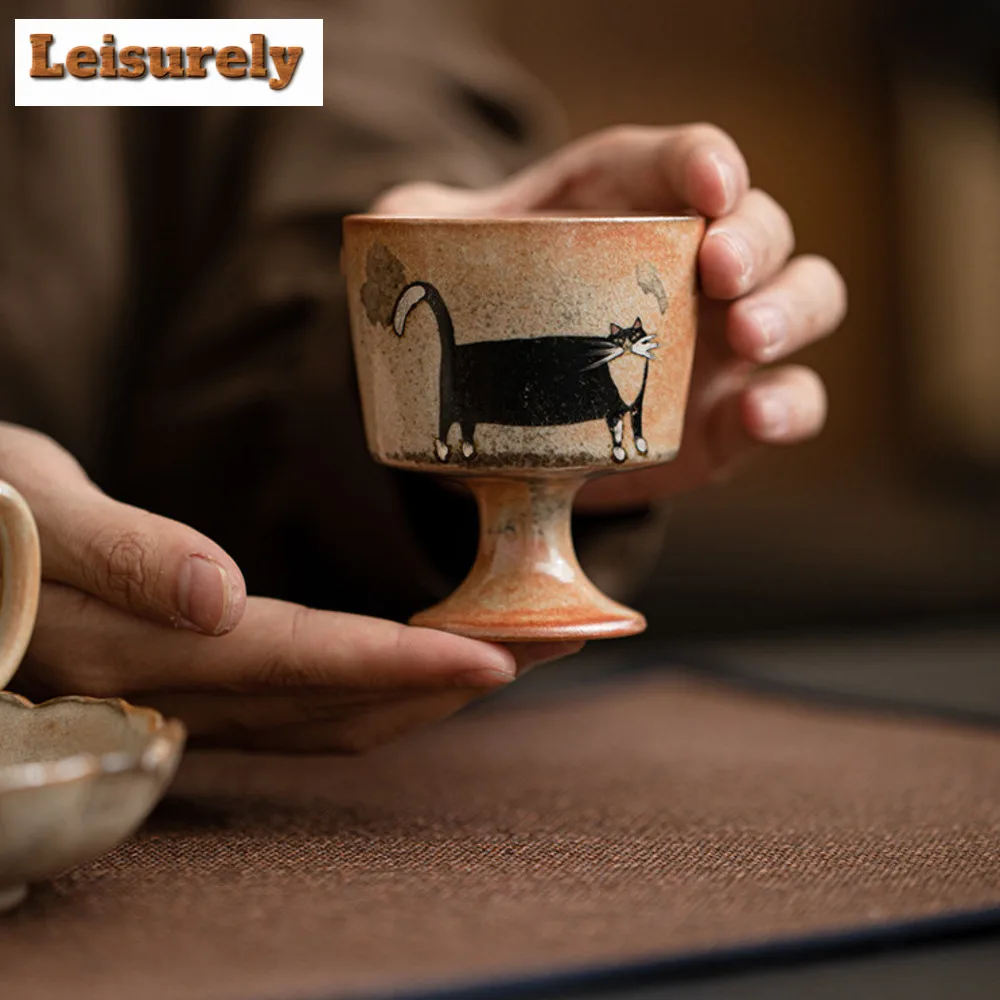 Japanese Kiln Change Zhiye Cat Ceramic Tea Cup Retro Wood-fired Porcelain Large Master Cup High Foot Tasting Mug Kung Fu Tea Set