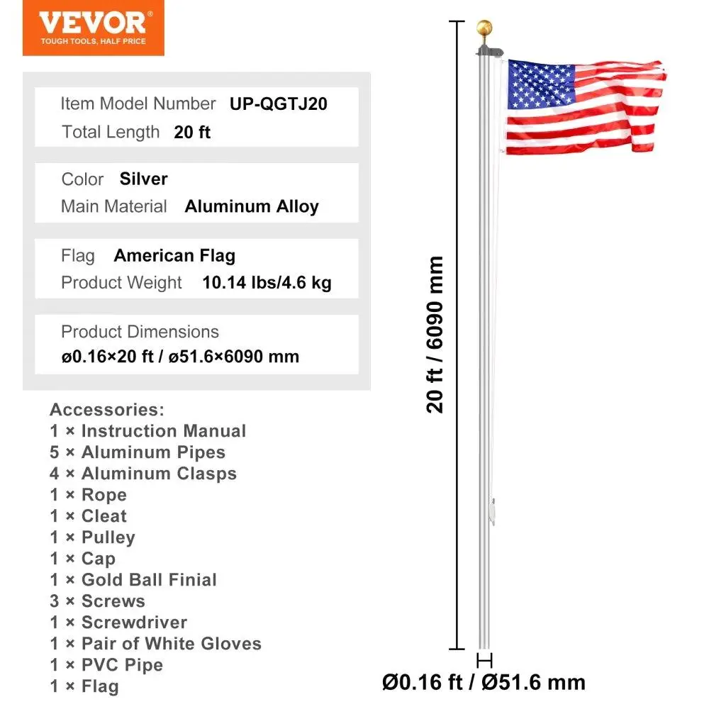 20FT Detachable Flagpole Kit Heavy Duty Aluminum Flag Pole American Silver