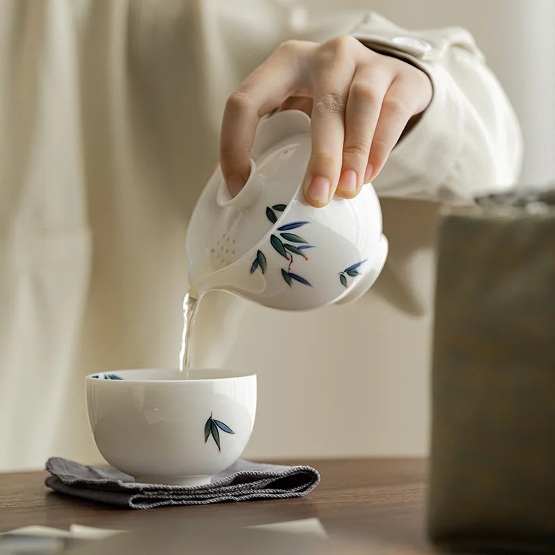Portable Bamboo Painting Porcelain Tea Set 1 Teapot 2 Cups Travel Tea Ware for Camping Office Use White Ceramic Gift
