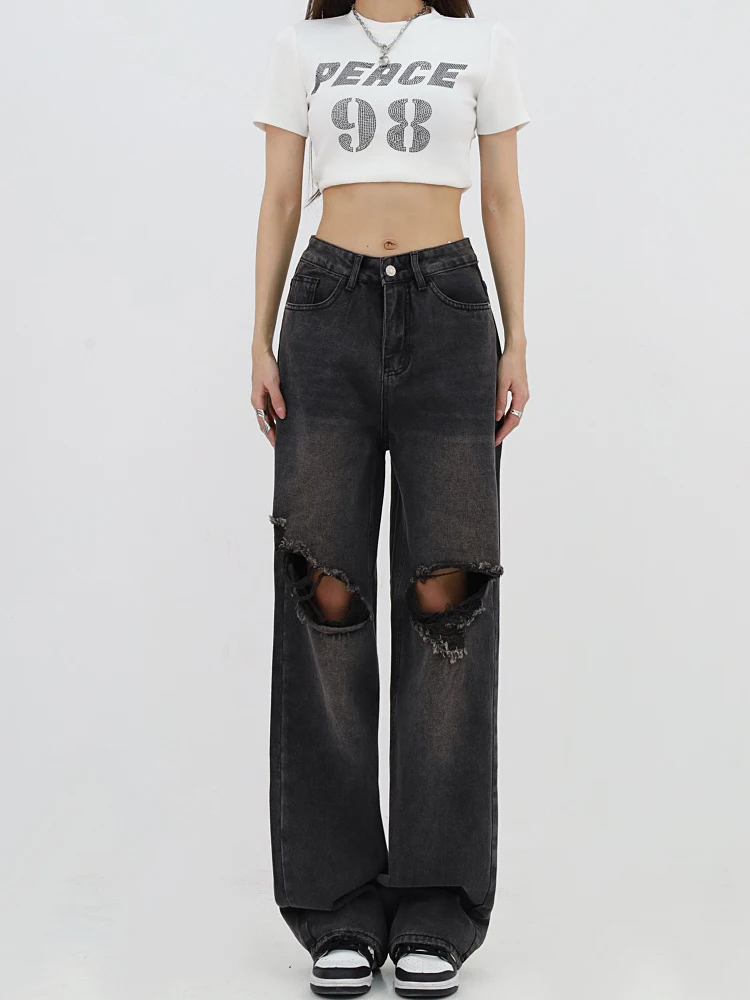 

Y2K Retro Dark Grey Women Loose Casual Ripped Denim Pant 2000s High Waist Straight Wide Leg Female Jean Trousers Streetwear Chic