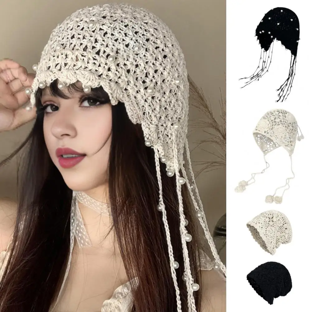 Women Crochet Hat Solid Color Ethnic Style Knitted Hat with Tassel Trim Lace-up Handmade Crochet Hat 5