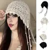 Women Crochet Hat Solid Color Ethnic Style Knitted Hat with Tassel Trim Lace-up Handmade Crochet Hat 5