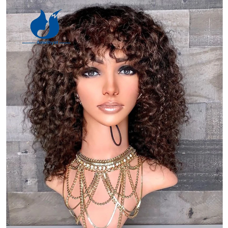 

Amethyst Chocolate Ombre Deep Curly Human Hair Wig With Bangs Scalp Top Full Machine Made Brown Wig No Lace Glueless For Women