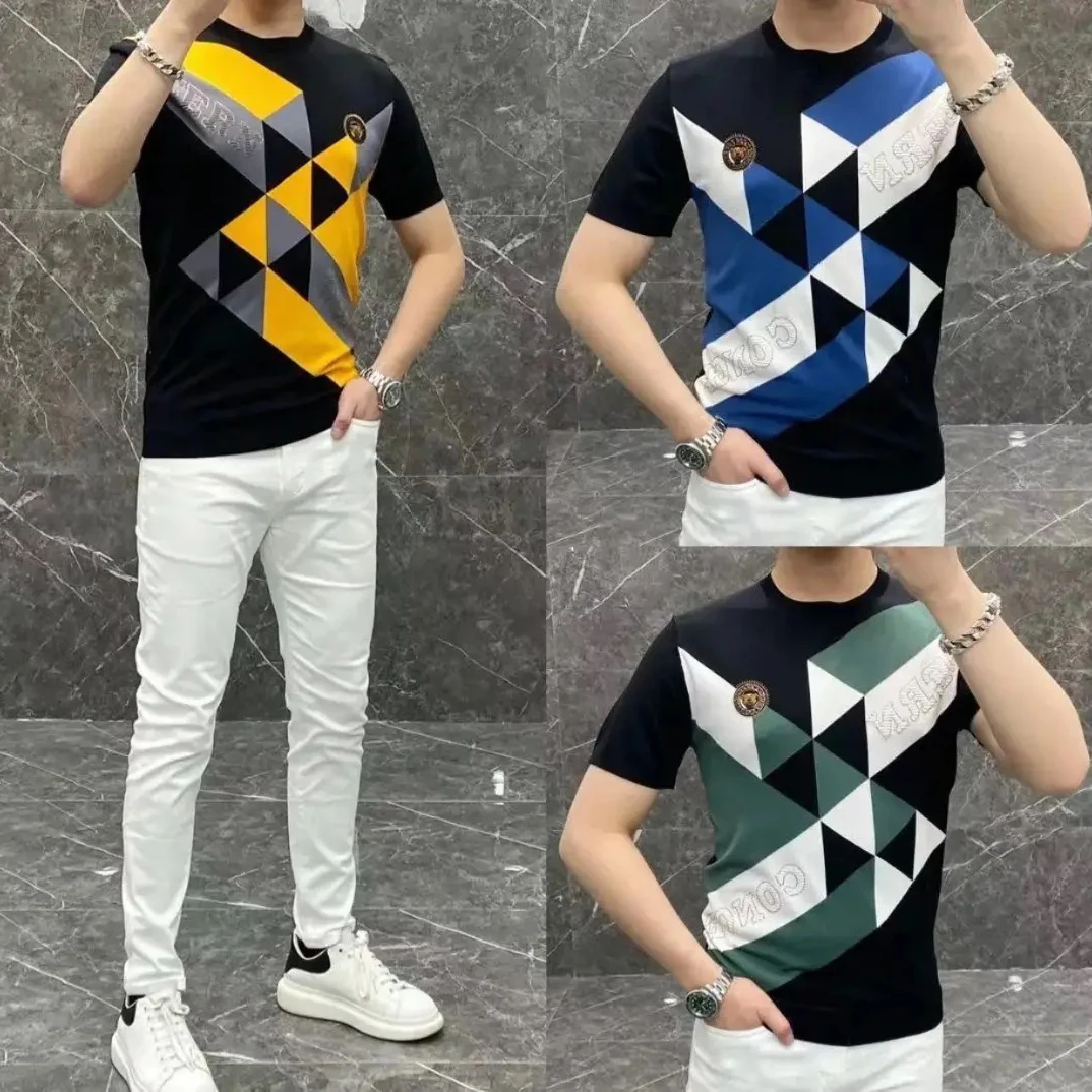 

Patchwork High Elasticity knit TShirt Men O-Neck Stretched Tee Shirt Homme Streetwear Fashion Summer Men Casual knitted T-Shirts
