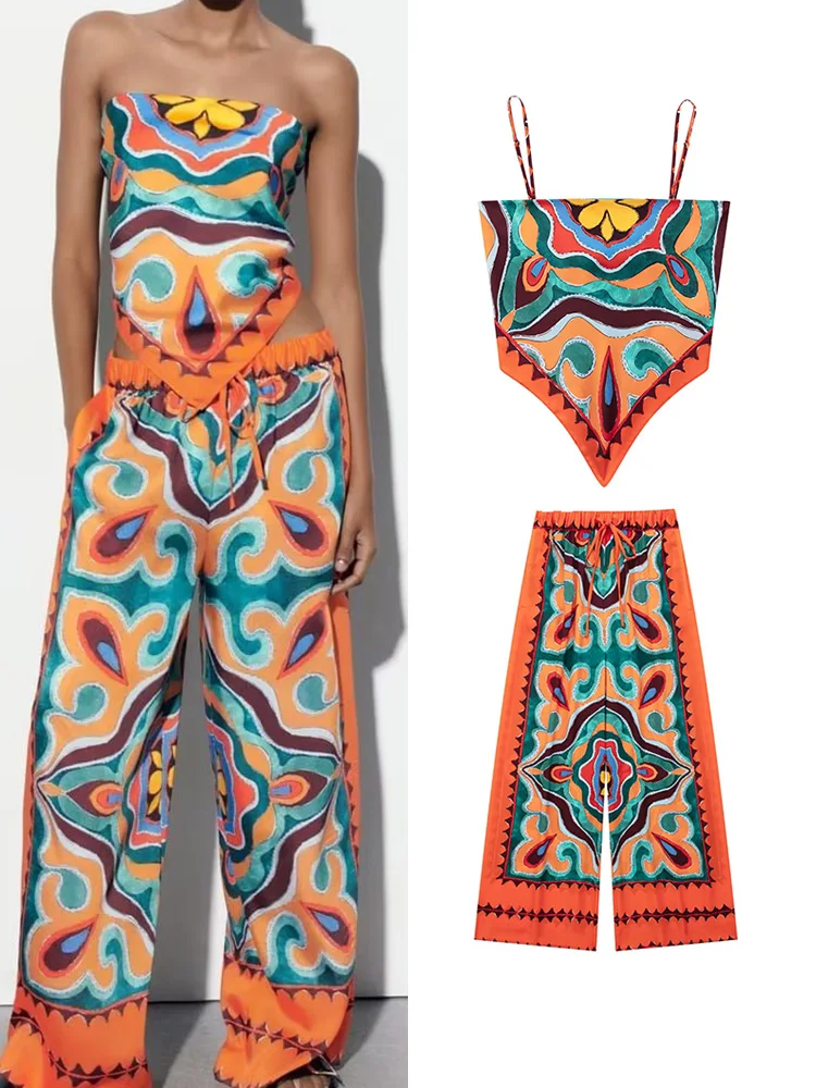 Traf Fashion Women Printed Blouse Pants Sets 2023 Summer Female Causal