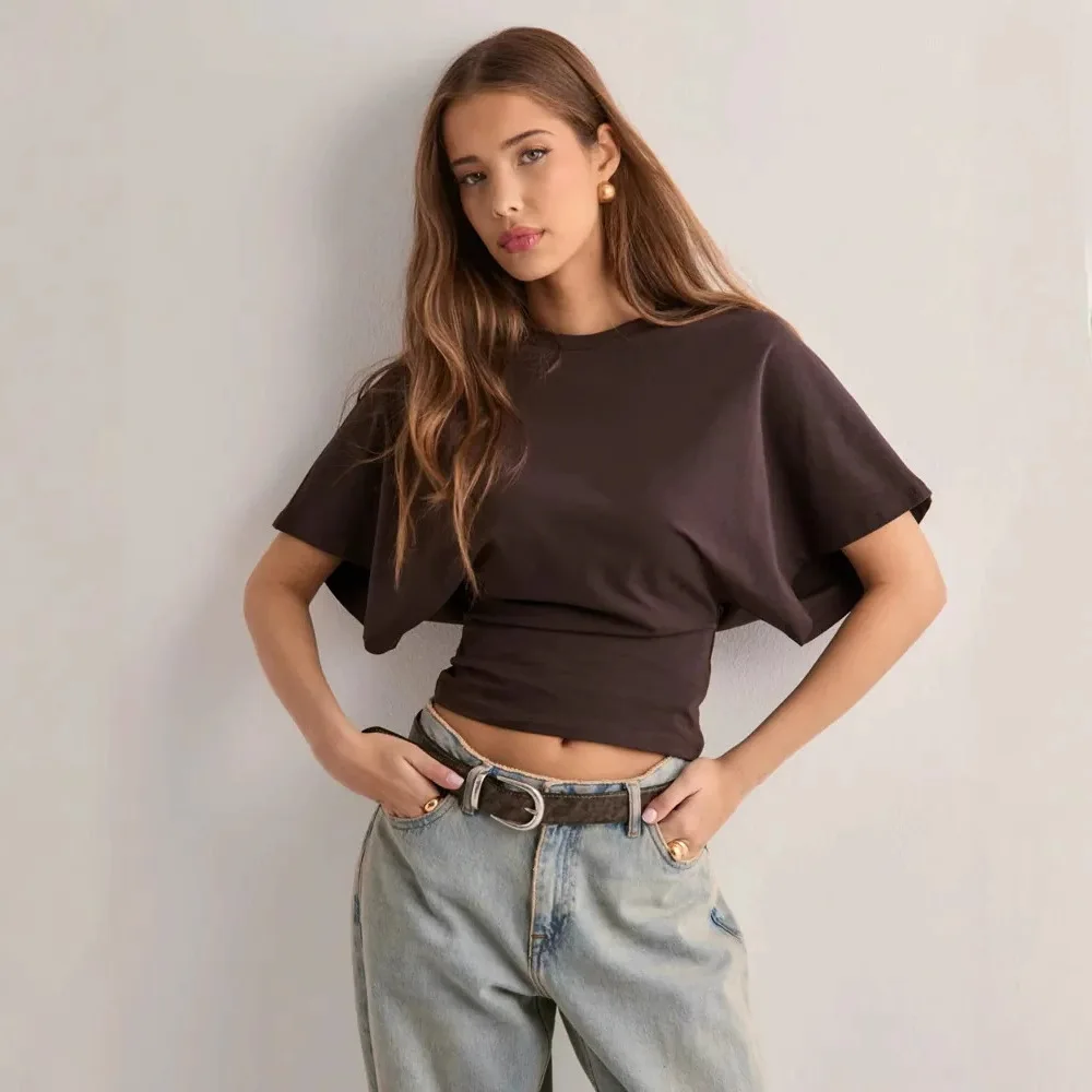 Fashion Y2k New Women's Crew Neck Bat Sleeve Women's Short Sleeve T-Shirt Casual Elegant Waist Loose Top Fashion Lady's Clothing