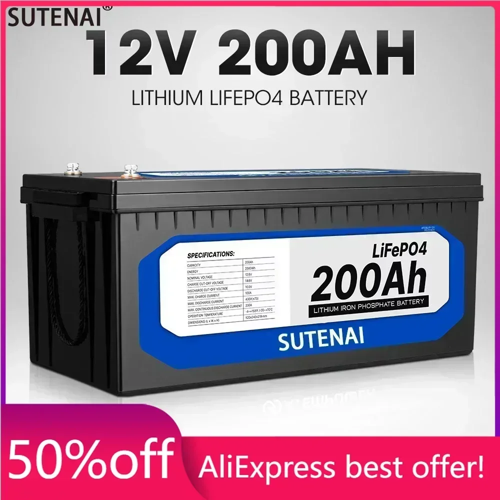 12V 200Ah LiFePO4 Battery Built-in BMS Lithium Iron Phosphate Cell For RV Campers Golf Cart Off-Road Off-Grid Solar With Charger