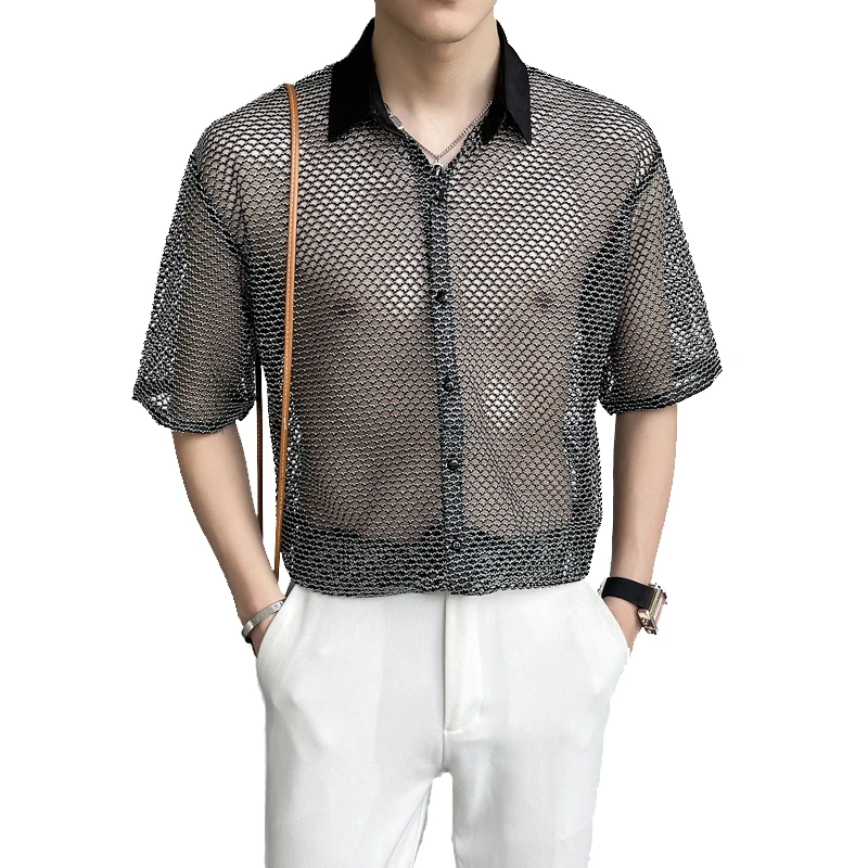 

Summer Short Sleeve Net Holes Sunscreen Sexy Man'S Shirts Fashion High Street Sexy Costumes Punk Rock Singers Guitar Live Show