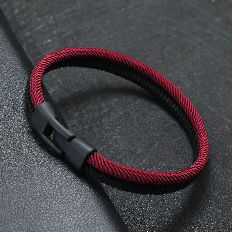 Retro Fashion Titanium Steel Black Leather Hemp Rope Bracelet